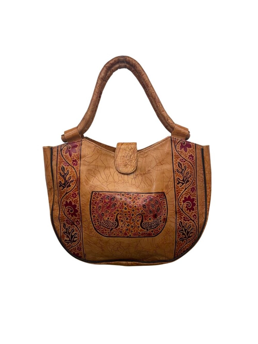 Handcrafted Women’s Brown Leather With Red Floral Details Peacock-Print Tote Bag